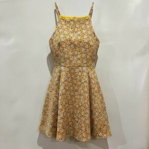 Copper Key Yellow‎ Floral Print Halter Neck Fit Flare Dress Women XL